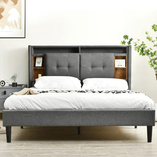Cama de casal estofada 140x200 - Cabeceira com arrumação, USB e luz LED, estrado de madeira - Cinza