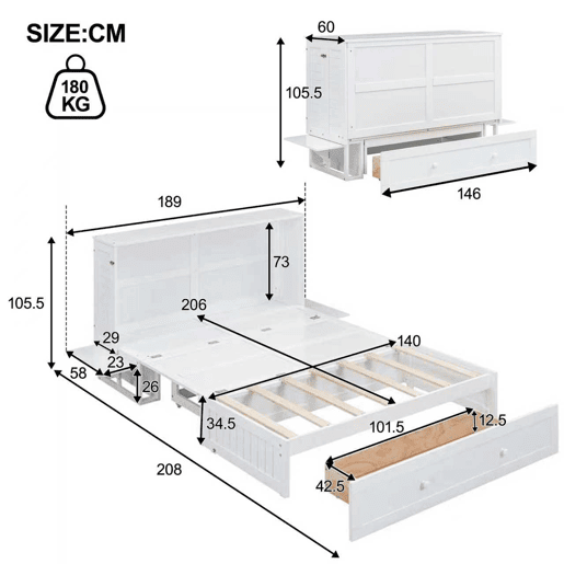 Cama Schrankbett 140x200 cm - Com gavetas na extremidade da cama e prateleira lateral - Branco