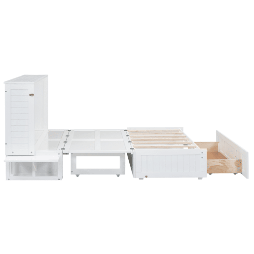 Cama Schrankbett 140x200 cm - Com gavetas na extremidade da cama e prateleira lateral - Branco