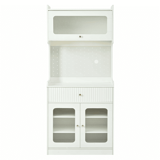 Armário alto - prateleiras ajustáveis, gavetas, iluminação LED, portas de vidro estriado, multifuncional para cozinha, sala de estar e sala de jantar - branco