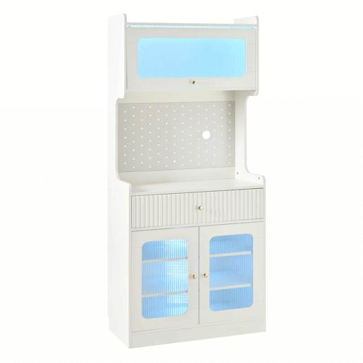 Armário alto - prateleiras ajustáveis, gavetas, iluminação LED, portas de vidro estriado, multifuncional para cozinha, sala de estar e sala de jantar - branco