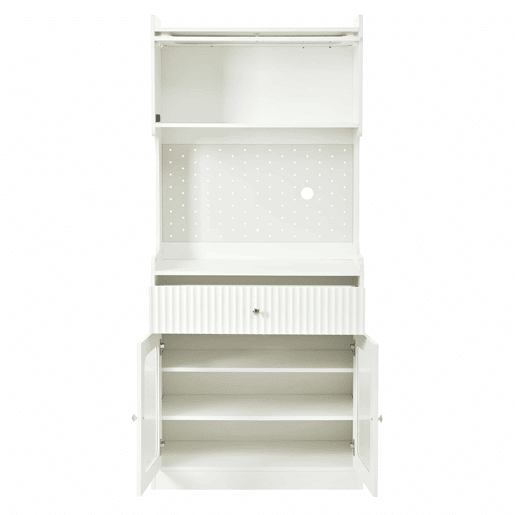 Armário alto - prateleiras ajustáveis, gavetas, iluminação LED, portas de vidro estriado, multifuncional para cozinha, sala de estar e sala de jantar - branco