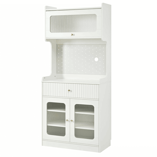 Armário alto - prateleiras ajustáveis, gavetas, iluminação LED, portas de vidro estriado, multifuncional para cozinha, sala de estar e sala de jantar - branco