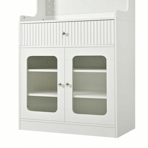 Armário alto - prateleiras ajustáveis, gavetas, iluminação LED, portas de vidro estriado, multifuncional para cozinha, sala de estar e sala de jantar - branco