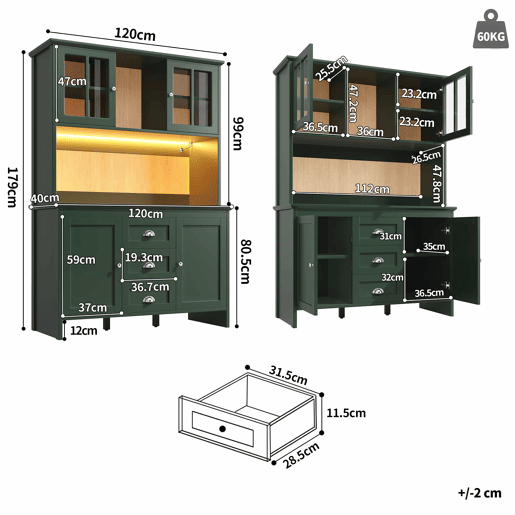Armário alto de cozinha 120 x 40 x 179 cm - portas de vidro castanho, iluminação LED, aparador - verde
