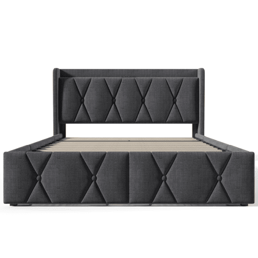 Cama de casal 140x200 - cabeceira com função de carregamento USB e 4 gavetas, estrutura com estrado de madeira - CinzaCama de casal 140x200 - cabeceira com função de carregamento USB e 4 gavetas, estrutura com estrado de madeira - Cinza