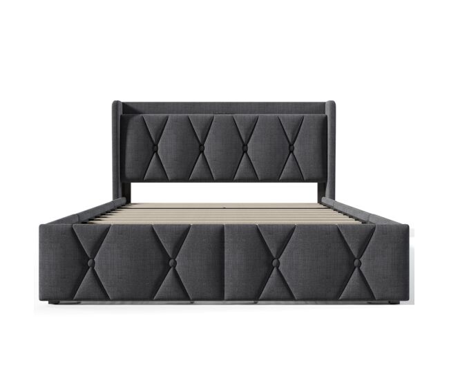 Cama doble 140x200 - cabecero con función de carga usb y 4 cajones, estructura con somier de madera - griscama doble 140x200 - cabecero con función de
