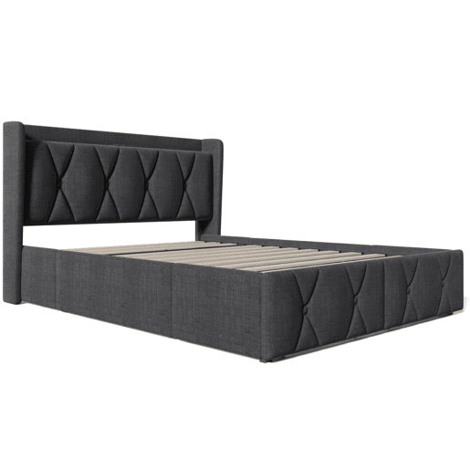 Cama de casal 140x200 - cabeceira com função de carregamento USB e 4 gavetas, estrutura com estrado de madeira - CinzaCama de casal 140x200 - cabeceira com função de carregamento USB e 4 gavetas, estrutura com estrado de madeira - Cinza