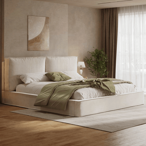 Cama de casal estofada 180x200 cm - com base de colchão, cabeceira acolchoada, tecido de chenille - bege