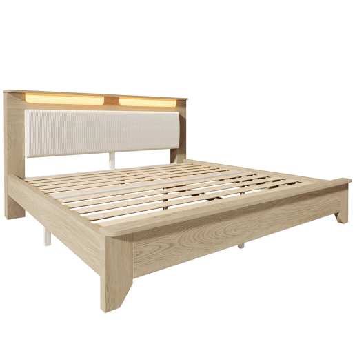 Cama de casal 160x200 cm - Cabeceira com arrumação, iluminação LED e encosto em veludo bege - Madeira de carvalho claro
