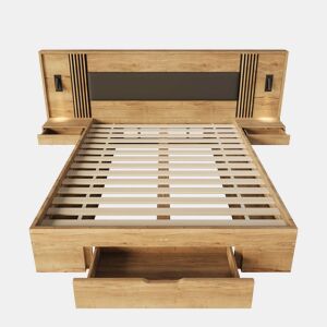 Cama de casal 180x200 cm - cama com arrumação, em madeira, com candeeiro de leitura, 2 mesas de cabeceira, gavetas - cor natural