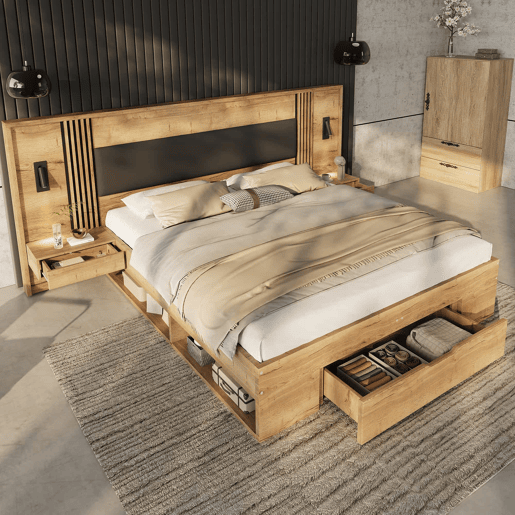 Cama de casal 180x200 cm - cama com arrumação, em madeira, com candeeiro de leitura, 2 mesas de cabeceira, gavetas - cor natural