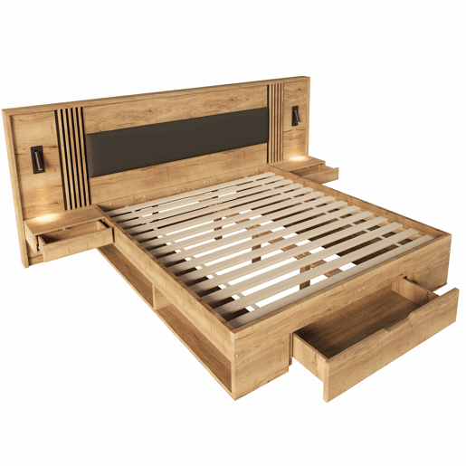 Cama de casal 180x200 cm - cama com arrumação, em madeira, com candeeiro de leitura, 2 mesas de cabeceira, gavetas - cor natural