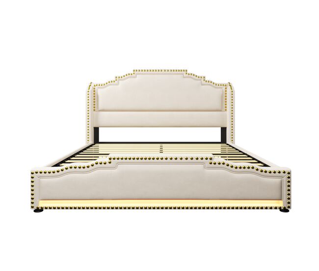 Cama doble 140×200 - cama con 4 cajones, iluminación led y puerto de carga usb-c, cama con almacenamiento y somier, beige