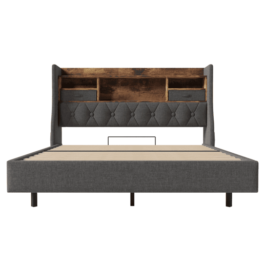 Cama Polsterbett 140x200 cm - Cama flutuante com LED, carregador USB, cabeceira com arrumação, cinzento