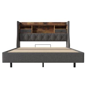 Cama Polsterbett 140x200 cm - Cama flutuante com LED, carregador USB, cabeceira com arrumação, cinzento