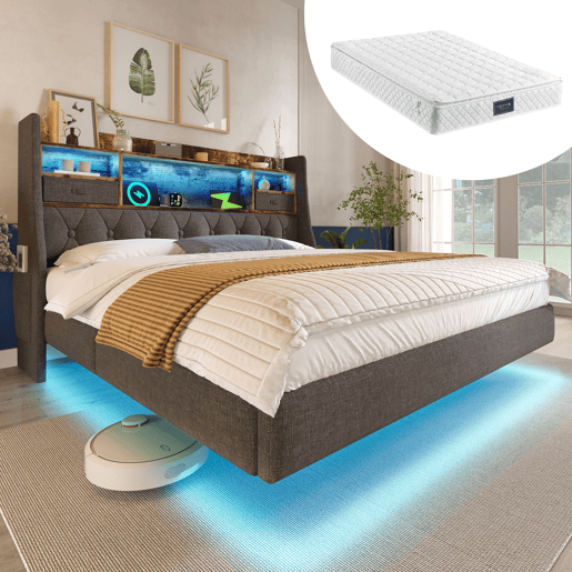 Cama Polsterbett 140x200 cm - Cama flutuante com LED, carregador USB, cabeceira com arrumação, cinzento