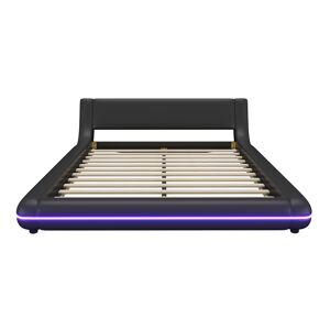 Cama plana 140x200 cm - Cama baixa, PU, luz ambiente LED, Preto