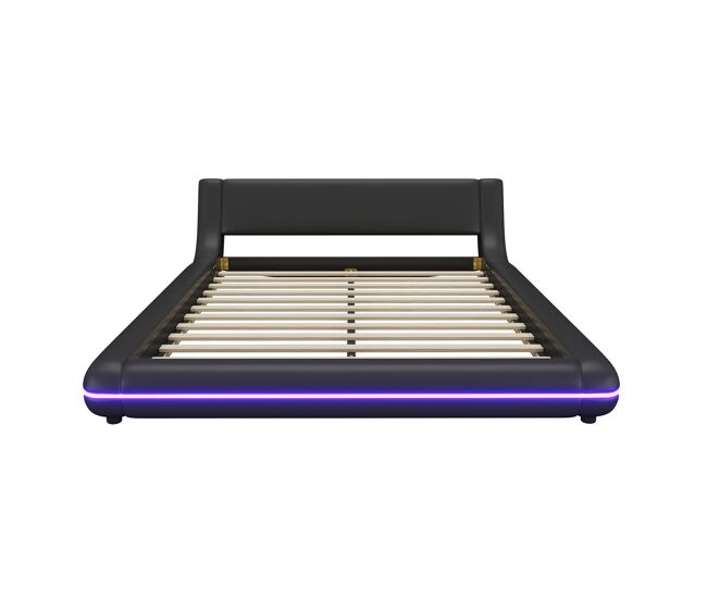 Cama plana 140x200 cm - cama baja, pu, luz ambiental led, negro
