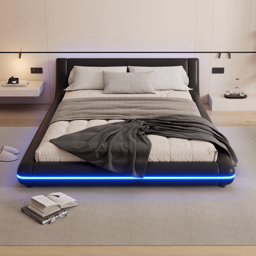 Cama plana 140x200 cm - Cama baixa, PU, luz ambiente LED, Preto