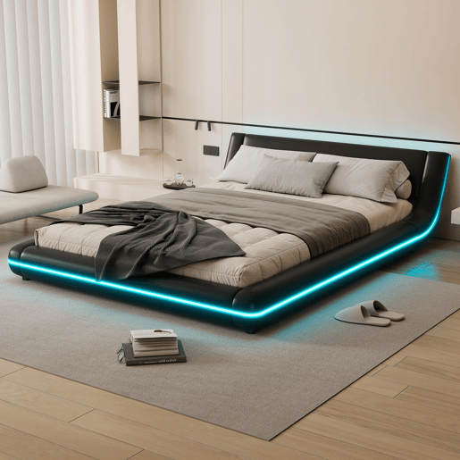 Cama plana 140x200 cm - Cama baixa, PU, luz ambiente LED, Preto