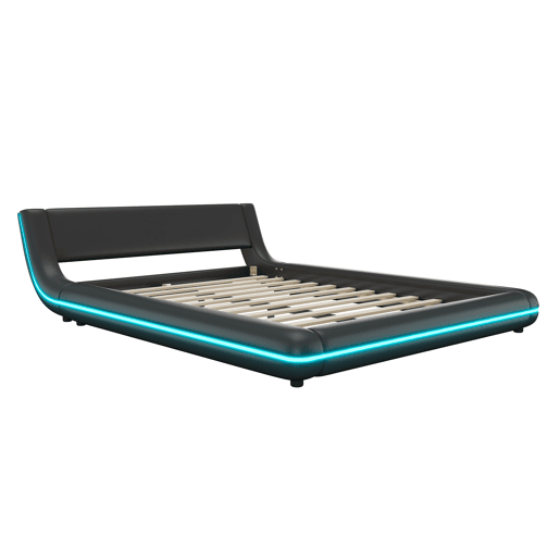 Cama plana 140x200 cm - Cama baixa, PU, luz ambiente LED, Preto