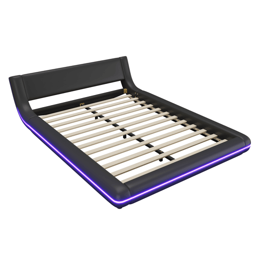 Cama plana 140x200 cm - Cama baixa, PU, luz ambiente LED, Preto