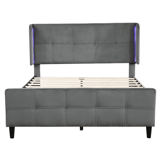 Cama estofada 140x200 cm - Cama de casal com LED de 16 cores, cabeceira e pés acolchoados, estrutura metálica, cabeceira ajustável em três alturas - Cinza