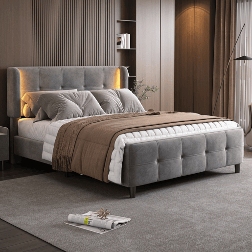 Cama estofada 140x200 cm - Cama de casal com LED de 16 cores, cabeceira e pés acolchoados, estrutura metálica, cabeceira ajustável em três alturas - Cinza