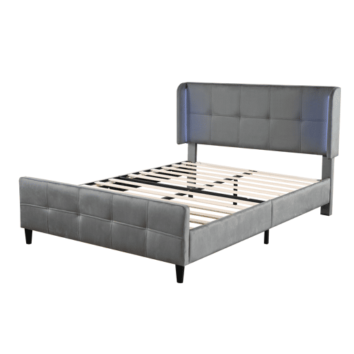 Cama estofada 140x200 cm - Cama de casal com LED de 16 cores, cabeceira e pés acolchoados, estrutura metálica, cabeceira ajustável em três alturas - Cinza