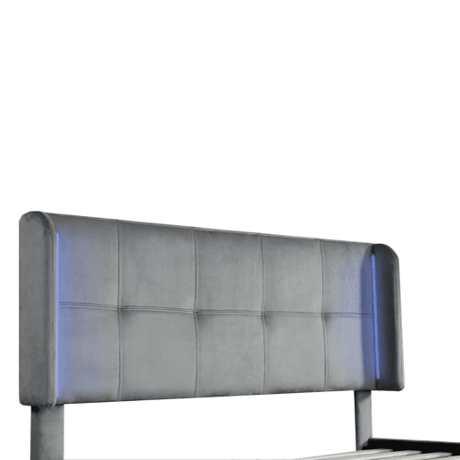 Cama estofada 140x200 cm - Cama de casal com LED de 16 cores, cabeceira e pés acolchoados, estrutura metálica, cabeceira ajustável em três alturas - Cinza