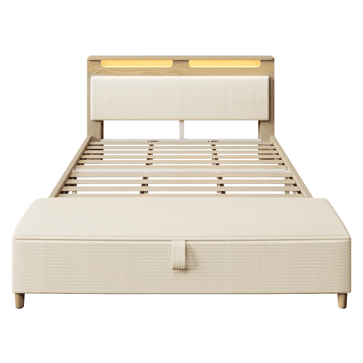 Cama de casal 180x200 cm - com banco, cabeceira com arrumação, iluminação LED, encosto em veludo cotelê bege - Bétula clara