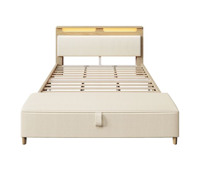 Cama doble 180x200 cm - con banco, cabecera con almacenamiento, iluminación led, respaldo de corduroy beige - haya clara