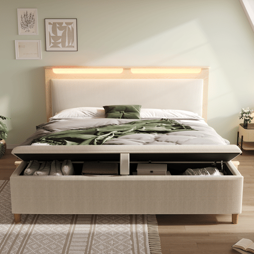 Cama de casal 180x200 cm - com banco, cabeceira com arrumação, iluminação LED, encosto em veludo cotelê bege - Bétula clara