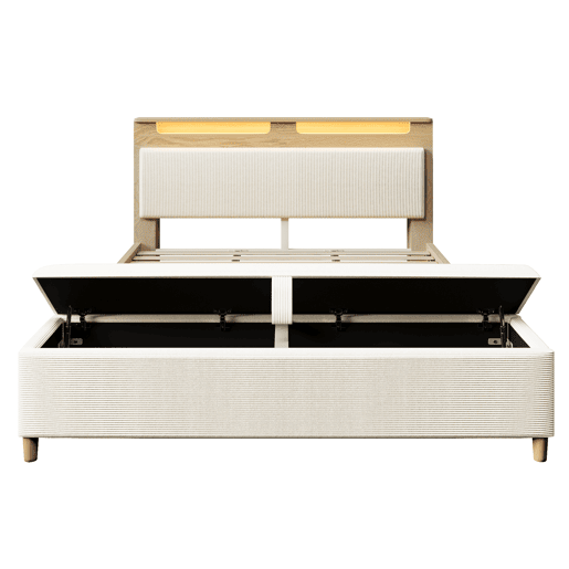 Cama de casal 180x200 cm - com banco, cabeceira com arrumação, iluminação LED, encosto em veludo cotelê bege - Bétula clara