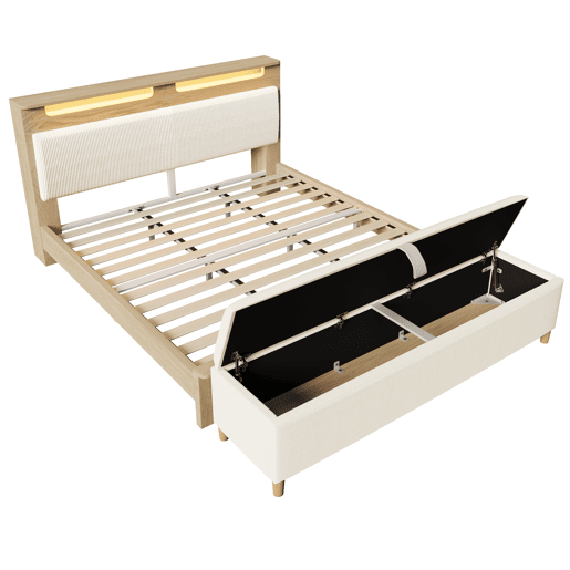 Cama de casal 180x200 cm - com banco, cabeceira com arrumação, iluminação LED, encosto em veludo cotelê bege - Bétula clara