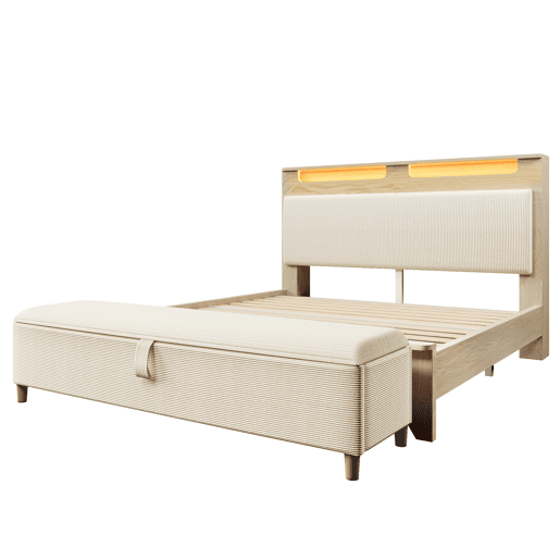 Cama de casal 180x200 cm - com banco, cabeceira com arrumação, iluminação LED, encosto em veludo cotelê bege - Bétula clara
