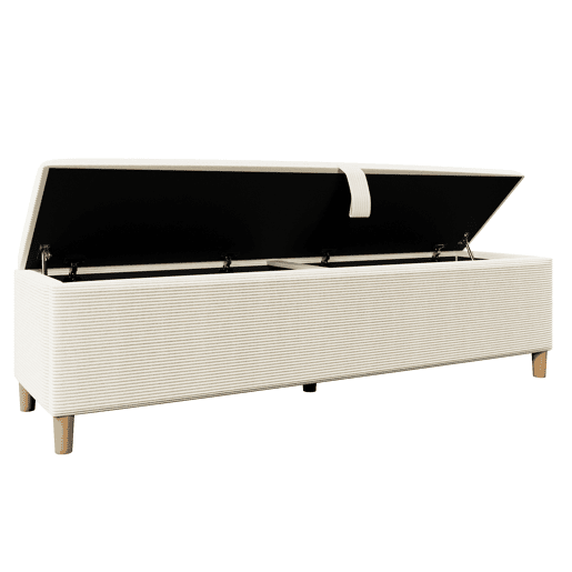 Cama de casal 180x200 cm - com banco, cabeceira com arrumação, iluminação LED, encosto em veludo cotelê bege - Bétula clara