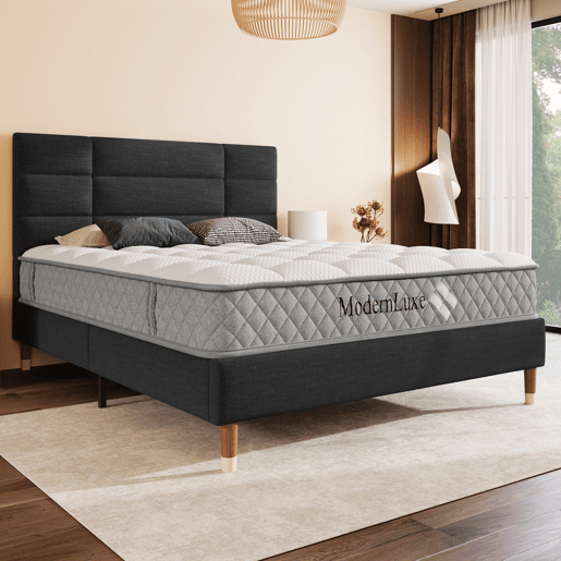 Cama estofada 140x200 cm - Com estrado e cabeceira, em linho preto, para adultos e jovens (com colchão)