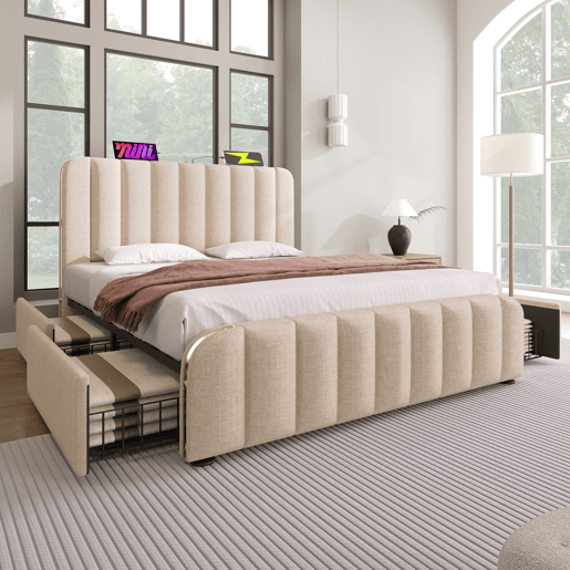 Cama estofada 160x200 cm - Cabeceira acolchoada com franjas douradas, função de carregamento USB Tipo-C, 4 gavetas - Bege