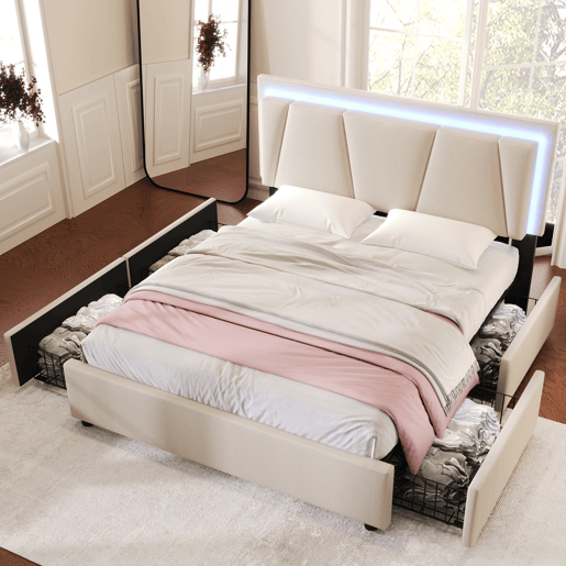 Cama estofada 140x200 cm - com LED, 4 gavetas, cabeceira ajustável - Bege