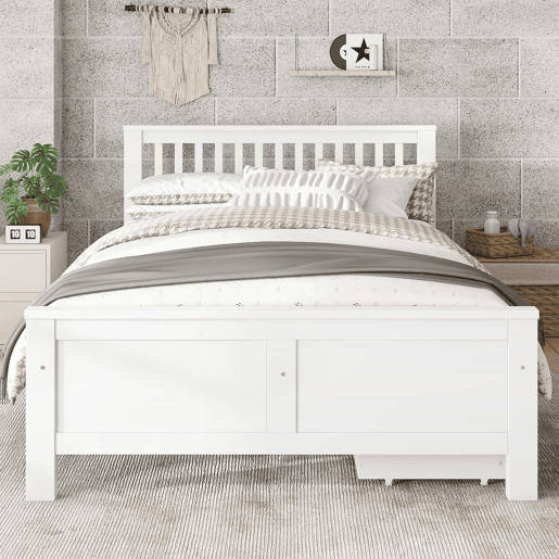 Cama de casal em madeira 140x200cm - com gavetas de arrumação, estrutura em pinho - Branco