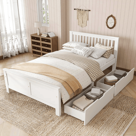 Cama de casal em madeira 140x200cm - com gavetas de arrumação, estrutura em pinho - Branco