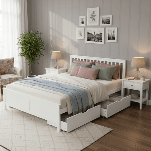 Cama de casal em madeira 140x200cm - com gavetas de arrumação, estrutura em pinho - Branco