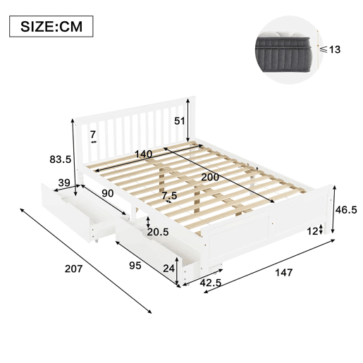 Cama de casal em madeira 140x200cm - com gavetas de arrumação, estrutura em pinho - Branco
