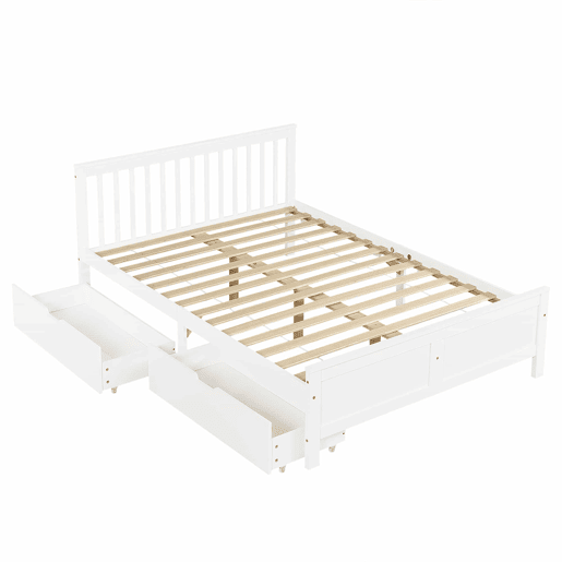 Cama de casal em madeira 140x200cm - com gavetas de arrumação, estrutura em pinho - Branco