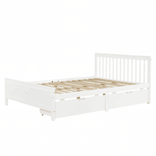 Cama de casal em madeira 140x200cm - com gavetas de arrumação, estrutura em pinho - Branco
