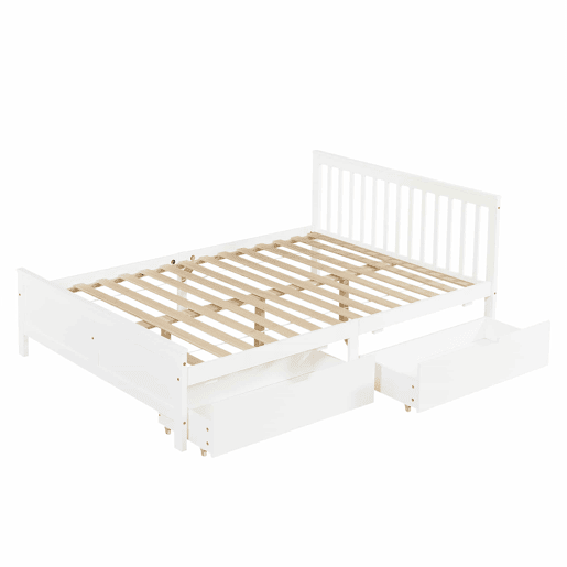 Cama de casal em madeira 140x200cm - com gavetas de arrumação, estrutura em pinho - Branco