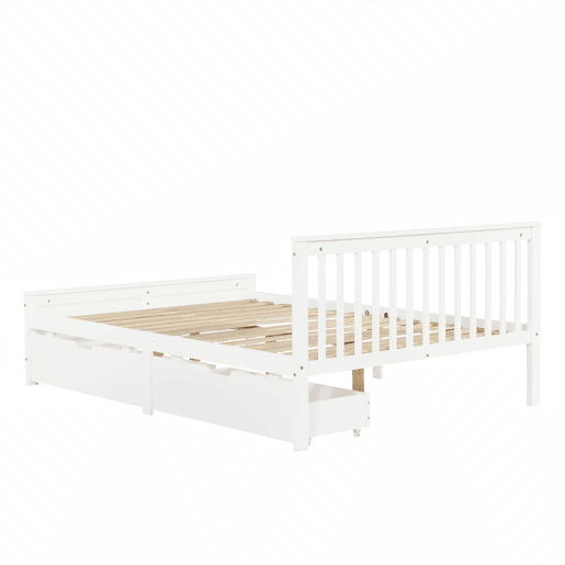 Cama de casal em madeira 140x200cm - com gavetas de arrumação, estrutura em pinho - Branco