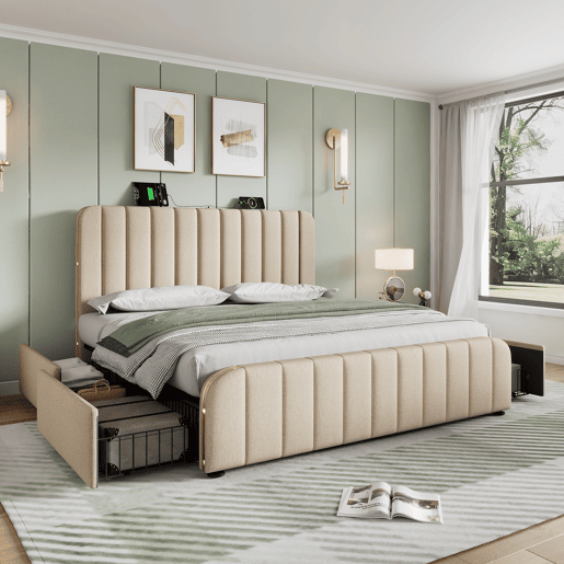 Cama Polsterbett 180x200 - Cabeceira acolchoada com franjas douradas, entrada USB, 4 gavetas, bege